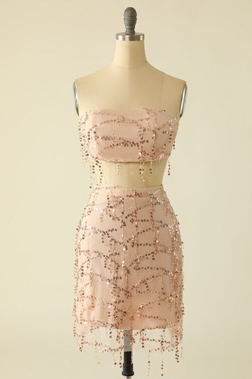 Two Piece Sequins Strapless Pink Short Formal Dress